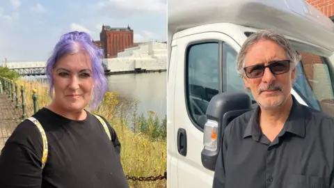 Lara King/BBC Picture of woman with purple hair and man with sunglasses standing in front of a van