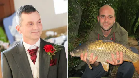 A composite of a picture of Neil Moon and Jonathan Collins. On the left is Neil Man, a man who is standing wearing a grey suit, cream waistcoat and red tie with a rose in the buttonhole of the suit jacket. He is looking away from the camera towards the right. In the photograph on the right is Jonathan Collins, a man who is knelt over wearing a green camouflage hoodie. He is looking directly at the camera and smiling while holding a fish in his hands up to the camera.