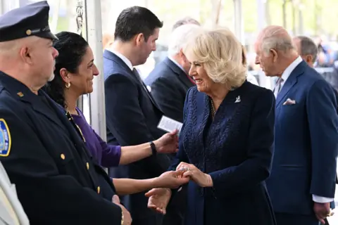 Getty Images King Charles III and Queen Camilla meet the families of victims and first responders who were involved in the rescue efforts after the attacks, as well as currently serving personnel during a ceremony at the National September 11 Memorial on day three of the State Visit of King Charles III and Queen Camilla to the United States of America, on April 29, 2026 in New York City.
