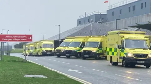 BBC Ambulances queuing outside Ysbyty Gwynedd