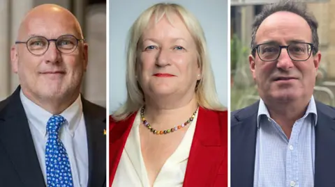 A composite image of Hampshire County Council leader Nick Adams-King, Reading Borough Council leader Liz Terry and Oxfordshire County Council cabinet member for finance Dan Levy.