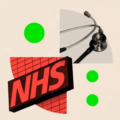 BBC A NHS sign in red and a stethoscope in black and white