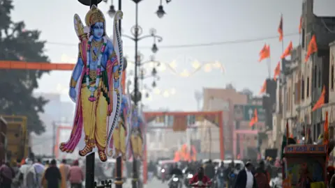 Getty Images A cut-out of Hindu deity Ram is installed on light poles in Ayodhya on January 21, 2024, on the eve of consecration ceremony of a Ram temple 