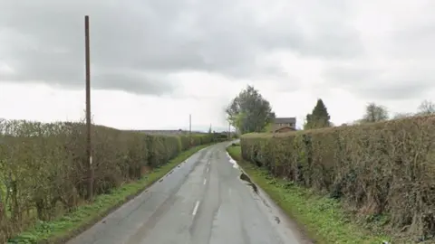 Google A narrow road with hedges on both sides and a pole on the left hand side under a grey sky
