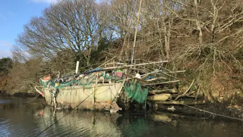 Clean Ocean Sailing A dilapidated boat wreck on a riverbank with trees and bushes leading to the waterfront.