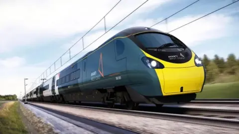 Avanti West Coast train speeding along the track. It is dark blue/green with a yellow front and a streamlined shape.