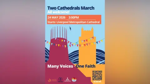 Merseyside Churches Together. Artistic poster featuring Liverpool's two cathedrals against a river background