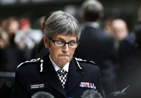 Hasan Esen / Getty Images Metropolitan Police Commissioner Dame Cressida Dick makes a statement to press members after Met Police officer Wayne Couzens was sentenced to a whole-life prison term