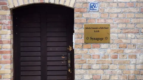 Getty Images Door of the Halle synagogue attacked by a gunman in October 2019