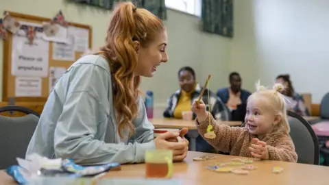 A mum and her young daughter playing together at a community centre