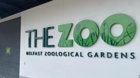A white wall with a green sign saying 'The Zoo Belfast Zoological Gardens'. The entrance to the zoo is blocked off with a closed shutter.
