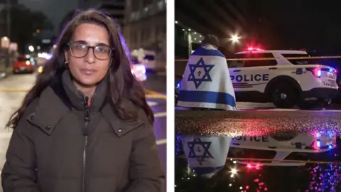 A split-screen image with a screengrab of Nomia Iqbal and a person draped in a Israeli flag in front of a police car