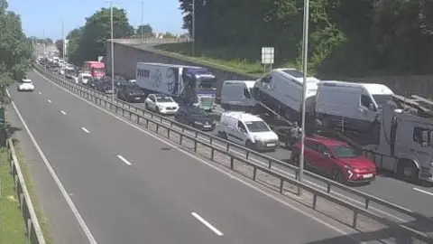 Traffic Wales Dual carriageway with heavy traffic in one direction
