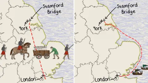 UEA Two maps are seen side by side. The map on the left shows the land route from York to London, with Bayeux Tapestry-style drawings of a man on horseback, a man on foot, and a man with a cartload of arrows. The man on the right shows the sea route from Yorkshire to London with tapestry-style boats on the sea.