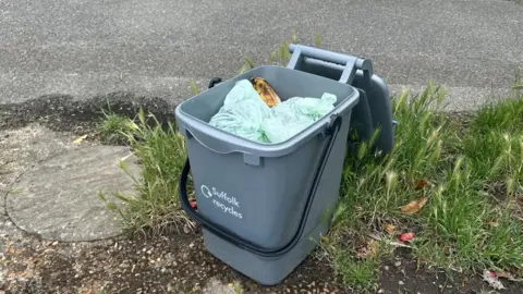 A "Suffolk recycles" food caddy is on the kerb with pavement and grass visible either side. The caddy is grey with a black handle and is full of food waste. 