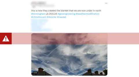 Screenshot of a tweet saying "this is how they created the blanket that we are now under in north Birmingham", along with the hashtags #Geoengineering and #WeatherModification. It also shows a photo of cloudy skies with vapor trails left behind by planes.