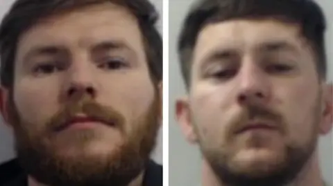 GMP Police mugshots of Jason Cox, who has brown hair and a reddish brown beard, and Craig Cox, who has darker brown hair and a short beard. 