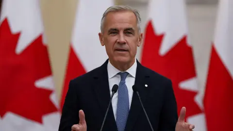 A photo of PM Mark Carney speaking at a podium. Behind him is a row of Canadian flags. He is gesturing with both of his hands mid-speech. He has short grey hair and is wearing a suit with patterned blue tie.