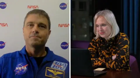 Split screen. Reid Wiseman and Rebecca Morelle are pictured.