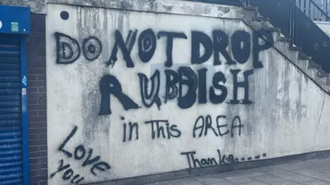 A wall with graffiti on it including "Do Not Drop Rubbish In this area" written on it, on a concrete wall by some stairs.