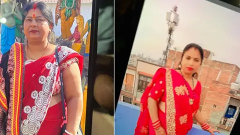 In the image, two women, Philanam Devi and Pinki Devi are shown in traditional Indian red sarees. Both women died in a crush at New Delhi railway station. 