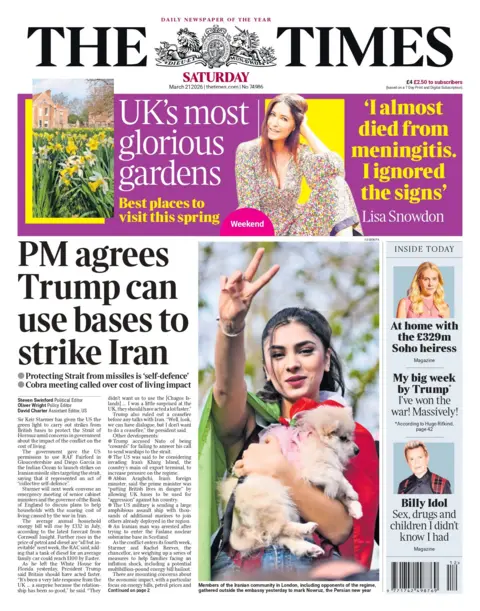 "PM agrees Trump can use bases to strike Iran," reads the headline on the front page of the Times.