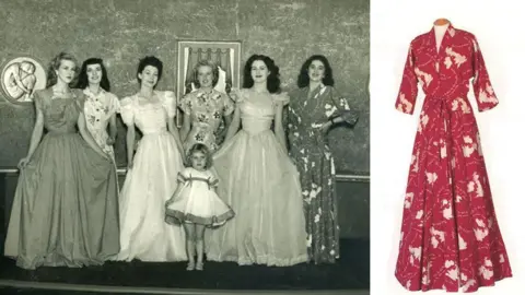 Sepia photo of models wearing Horrocks creations in the 1940s, with the map print housecoat on the right, alongside a separate image of one of the red housecoats bearing white printed maps of the UK