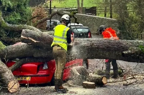 Workmen cut through a large tree that came down on St Saviour's Road in Bath. Sawdust can be seen flying out of the trunk as a chainsaw is used