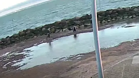 A lagoon with two people standing next to a pile of mud.
There is water slightly further afield and a silver pole also in the camera shot.