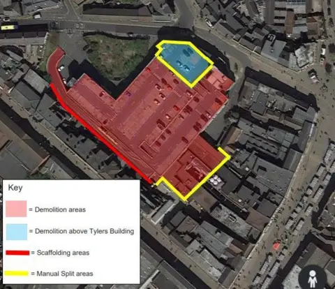 Leicester Commercial Ltd An aerial photograph showing the footprint of the Carillon Court, including the area to be demolished and the parts which will be retained.