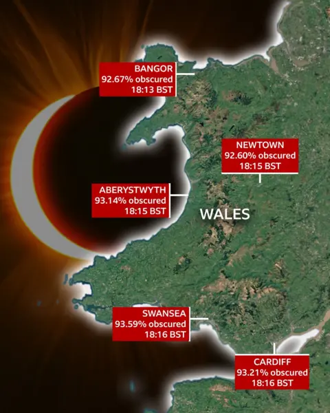 A map of Wales showing how visible the solar eclipse is across Wales.