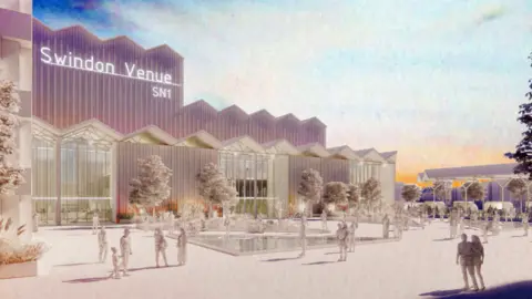 An artist's impression of how the new Swindon live venue could look. It has a corrugated-style wall on the entrance and a large illuminated sign that says "Swindon Venue SN1"