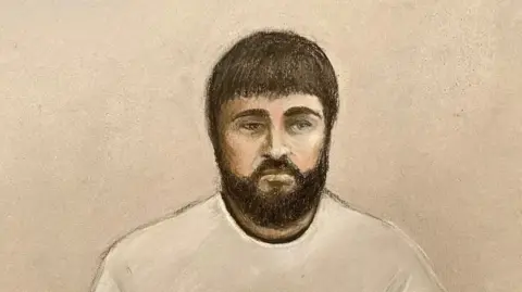 PA Media A court sketch of Kyle Clifford. He is wearing a pale sweater and has dark hair with a full smart beard and moustache. His eyes look sunken and his mouth is turned down.