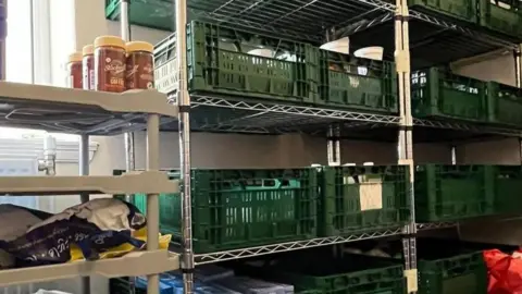 Supplied Picture of crates of food in green crates on shelves 