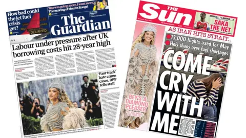 A composite image of the front pages of the Guardian and the Sun on 6 May 2026