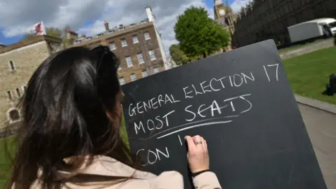 Getty Images An employee from a betting company writes odds on a blackboard outside the Houses of Parliament in central London