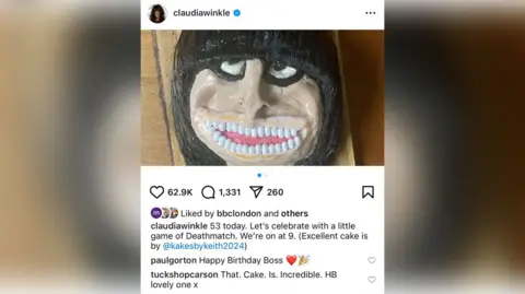 Keith Scovell Screen grab of the cake appearing on Claudia Winkleman's Instagram page. It has been liked 62.9k and Claudia has commented to say: "53 today. Let's celebrate with a little game of Deathmatch. We're on at 9. Excellent cake is by @kakesbykeith2024