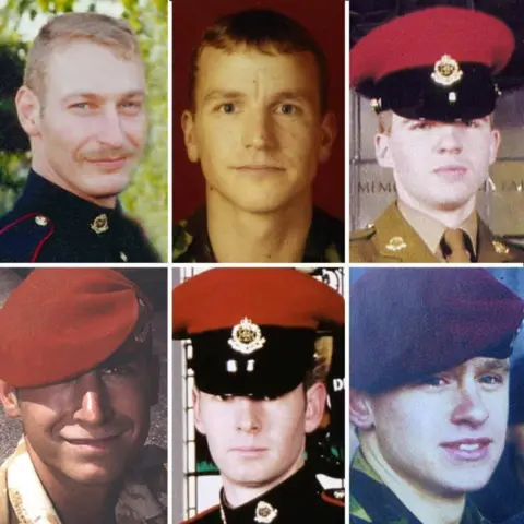 MoD Crown Copyright/PA Six members of the Red Caps who were killed in a police station in the town of Majar al-Kabir have been pictured in a grid. All six are in their uniform. 