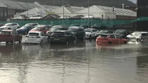 Hutchings Motor Group Flooded cars at Hutchings Motor Group in Pontypridd