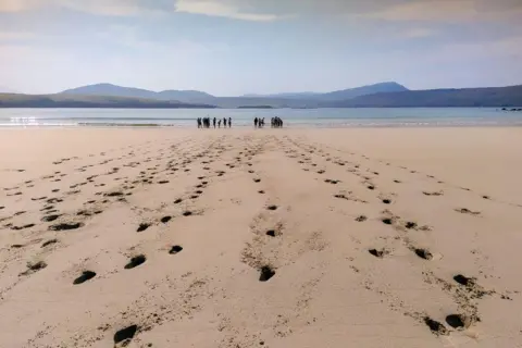 Eileen Tisdall Footprints on a sandy beach and a group of people standing by the sea