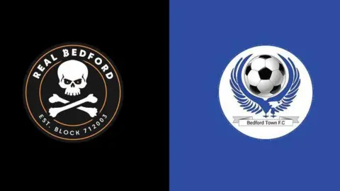 The logos of Real Bedford and Bedford Town. The first is a skull and crossbones set against black. Bedford Town is a white circle with a blue design and a football inside.