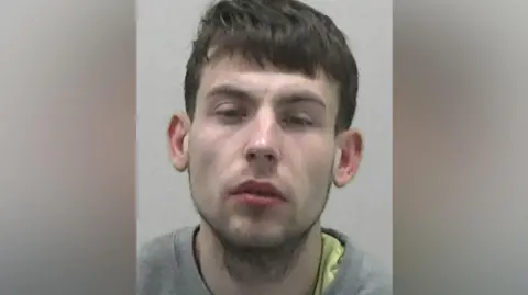 Mugshot of Dallan Tearse. He has thick dark hair, faint stubble and a glazed expression on his face with his eyes half closed. He is wearing a grey sweatshirt