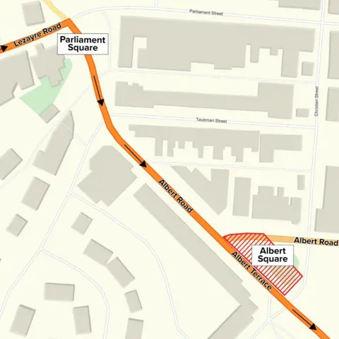 IOM TT A map for the TT course from Parliament Square to Albert Square showing the direction of the course and the proibited area.