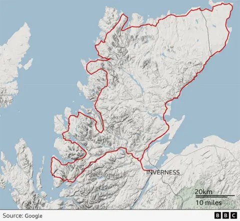 A map of Scotland with the route of the NC500 marked out in red lines