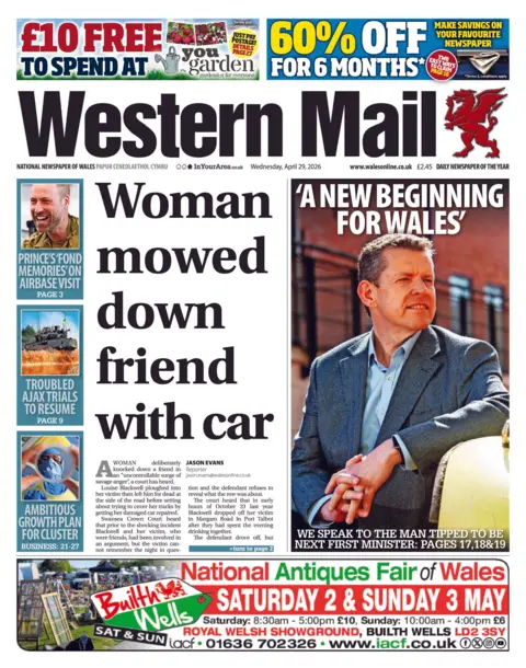 The Western Mail Front page of the Western Mail. The headline reads 'woman mowed down friend with car'