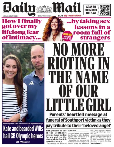 The headline in the Daily Mail reads: No more rioting in the name of our little girl