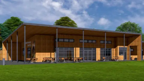 An artist's impression of the planned sports pavilion which is a two storey wooden and glass building with chairs and tables outside