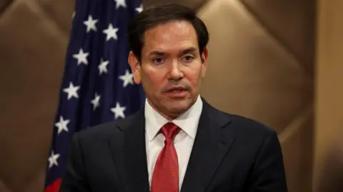 US Secretary of State Marco Rubio speaks to press following a meeting of Nato foreign ministers in Turkey