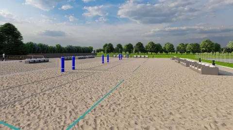 A CGI image showing what one of the outside beach volleyball courts could look like. It shows a large sandy court with four nets in the middle of the field, with blue lines marked out on the sand. Grass and trees are seen in the distance.