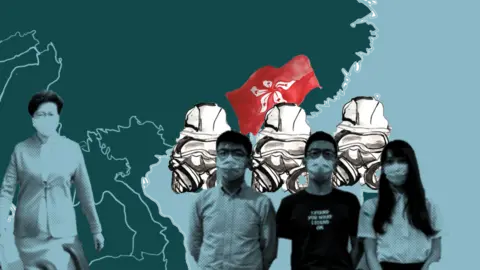 BBC/Getty Images Illustration showing Carrie Lam, Joshua Wong, Nathan Law and Agnes Chow, with a Hong Kong flag, over a map of southern China and the surrounding area